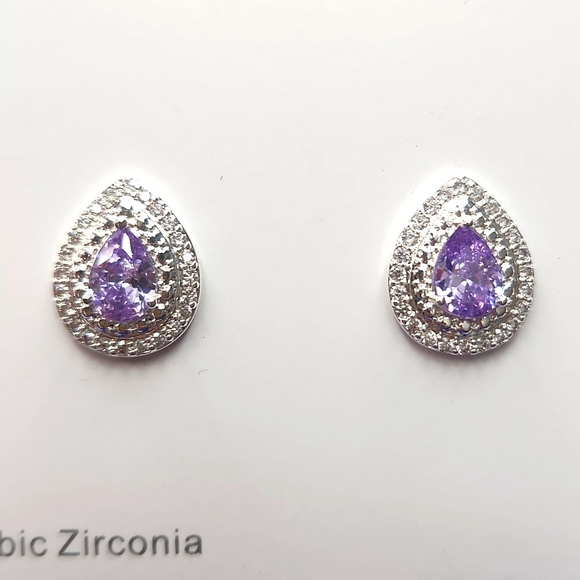 Amethyst Cubic Zirconia Pear Teardrop Shaped Stud Earrings - Picture 2 of 5